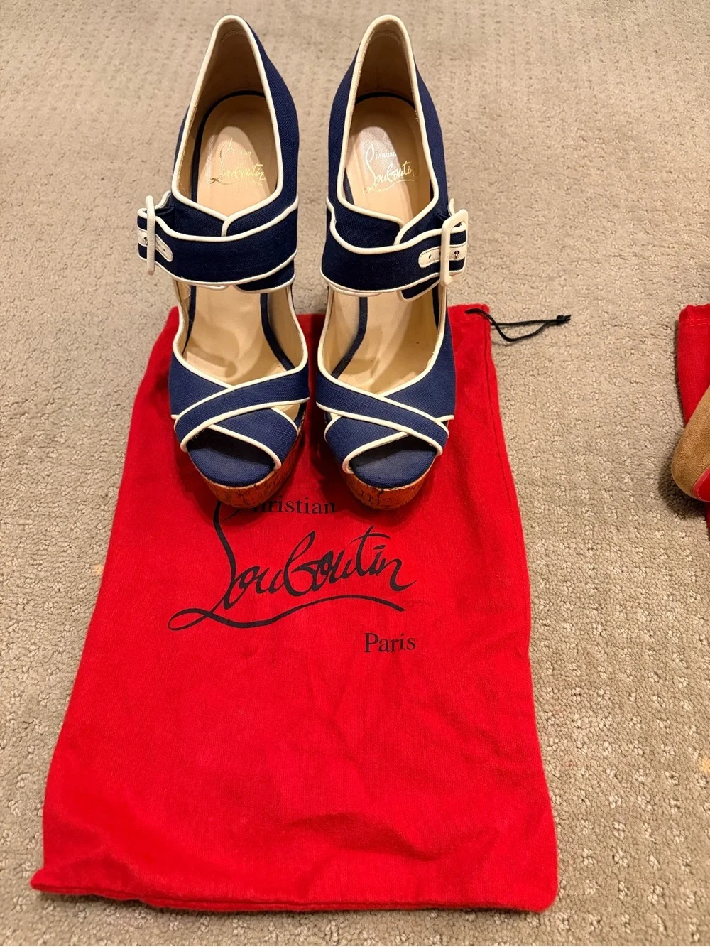 Christian Louboutin Cork Wedge Espadrille Heels – Navy/White